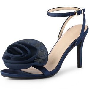 Satin Rose Flower Stiletto High Heel Slingback Heeled Sandals Dark Blue